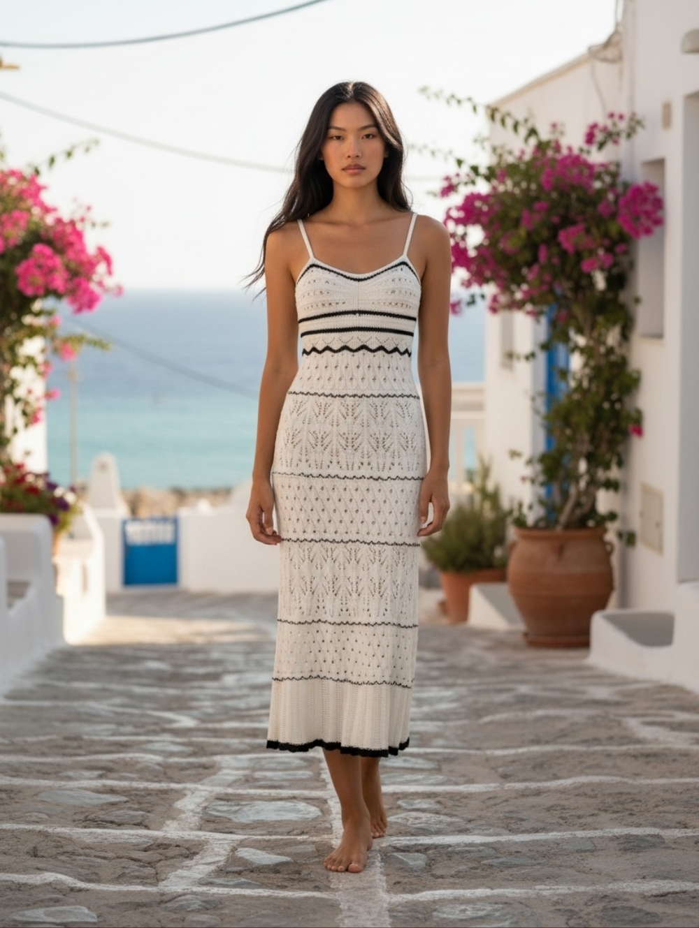Cream Crochet Maxi Dress with Black Trim